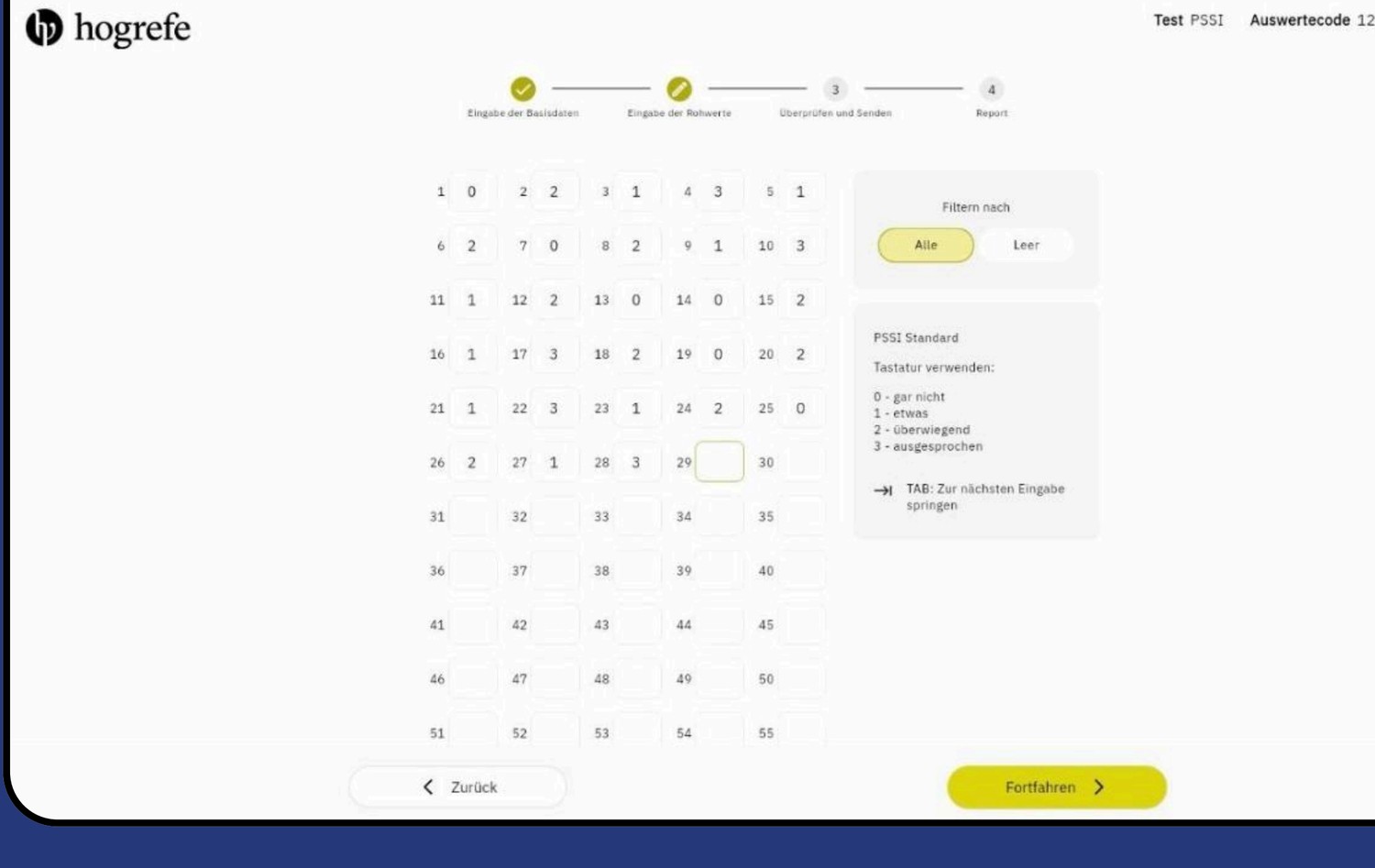 The Hogrefe score-entry screen with a grid of questionnaire items and a scoring legend on the right