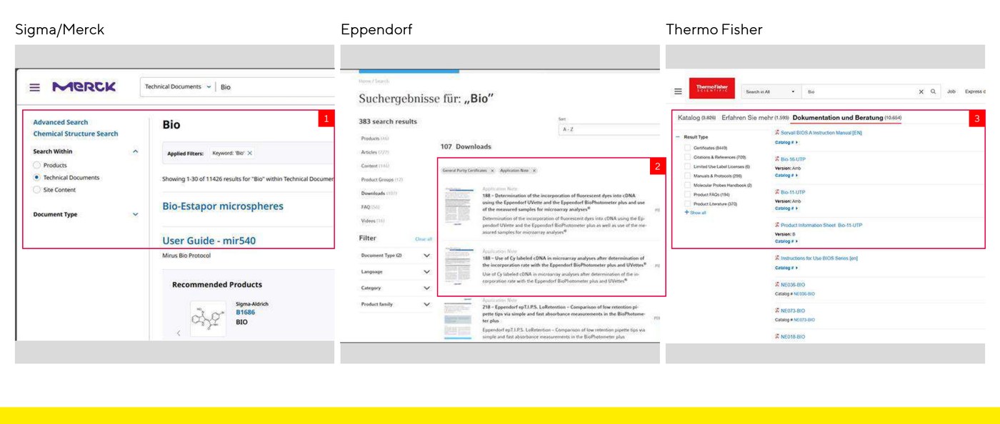 Documentation search experiences from Sigma/Merck, Eppendorf, and Thermo Fisher