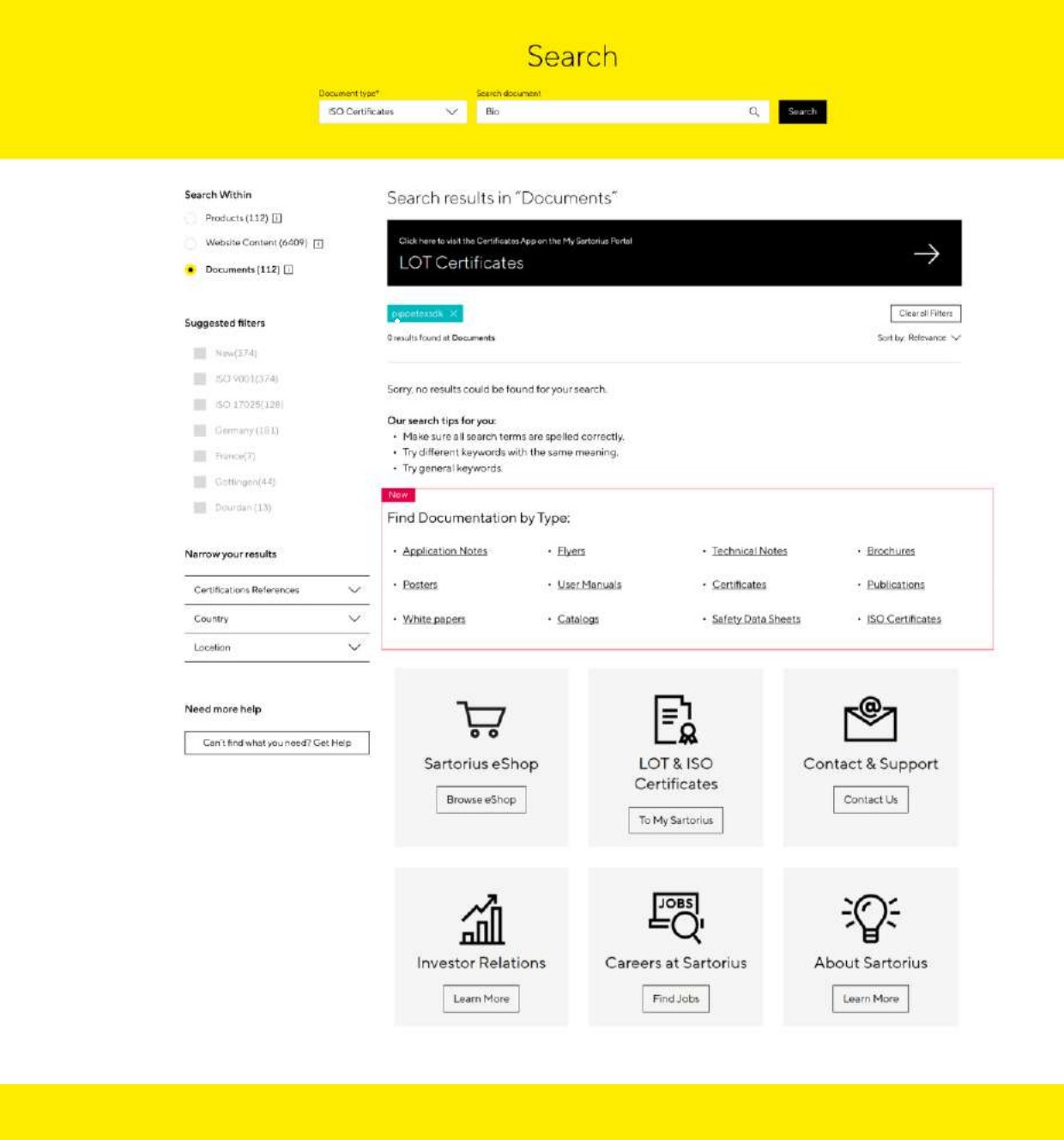Redesigned no-results page with search tips and a find-documentation-by-type recovery section