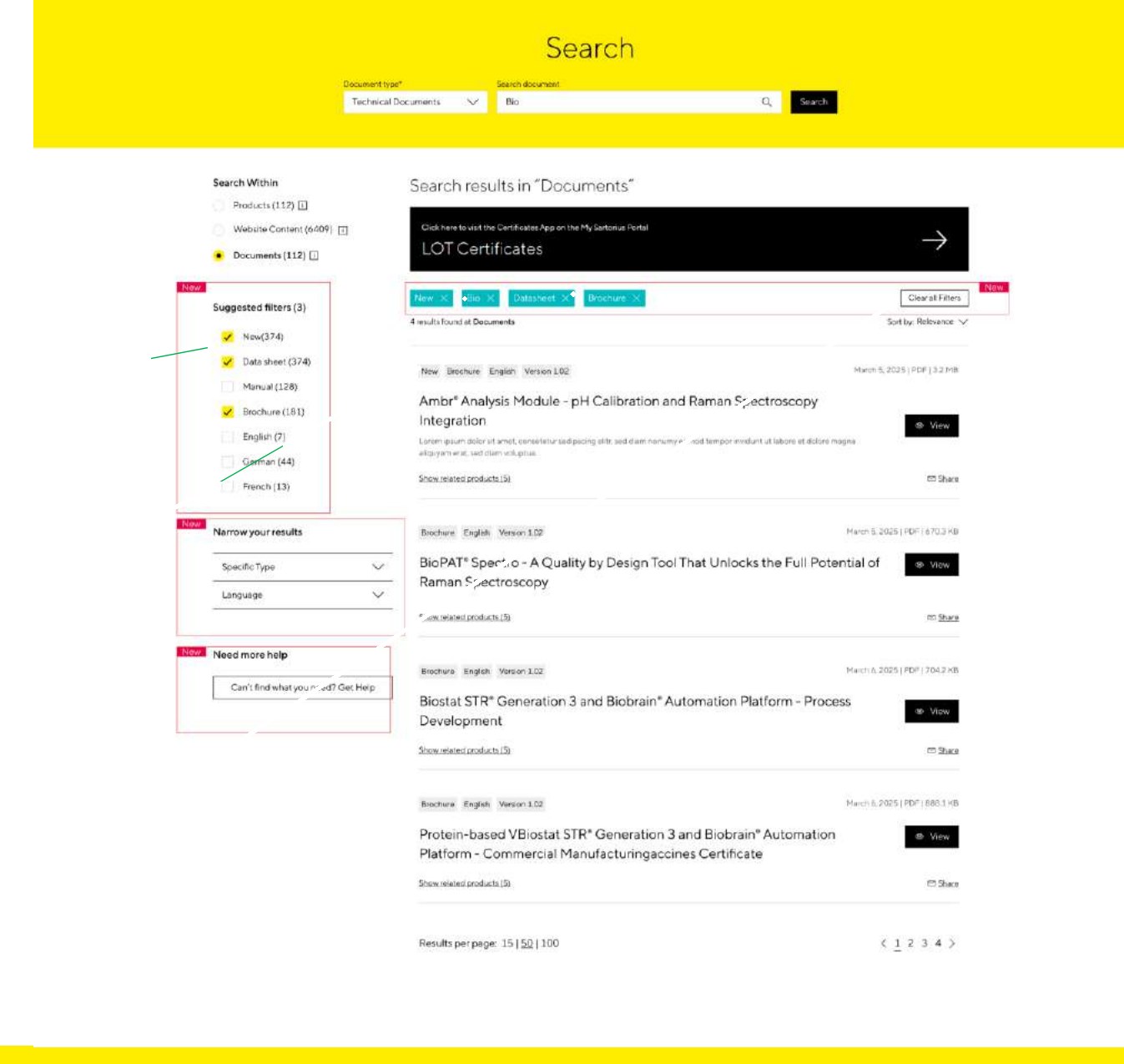 Redesigned search results page with suggested filters, removable chips, and a clear-all action